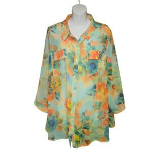 Lane Bryant 22/24 Sheer Floral Blouse Mint Green Orange Watercolor Tunic Flowy